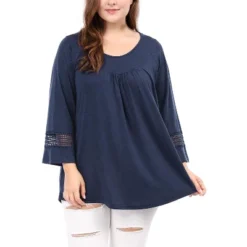 Agnes Orinda Women Plus Size Crochet Panel Raglan Sleeves Ruched Front Tops