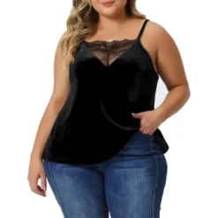 Agnes Orinda Women's Plus Size Adjustable Sleeveless Strap Fashion Casual Lace V Neck Velvet Camisole