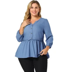 Agnes Orinda Women's Plus Size Peplum Top Pullover Puff Sleeve High Waist Chambray Blouse -Agnes Sales Store GUEST 419546f9 6d7a 4f09 9255 9e69c85d4bf9