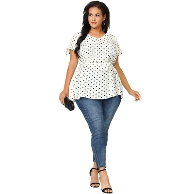 Agnes Orinda Women's Plus Size V Neck Tie Waist Polka Dots Blouse 2 Agnes Orinda Women's Plus Size V Neck Tie Waist Polka Dots Blouse - Image 2