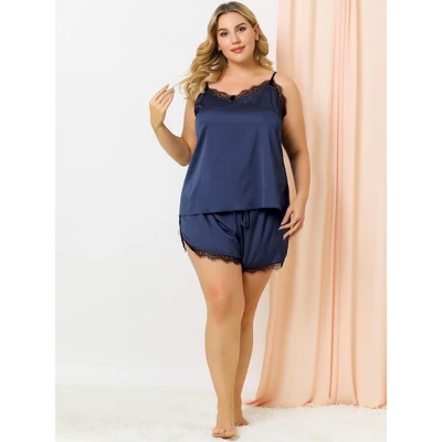Agnes Orinda Women's Plus Size Lace Panel Elastic Waist Camisole Pajama Set 2 Agnes Orinda Women's Plus Size Lace Panel Elastic Waist Camisole Pajama Set - Image 2
