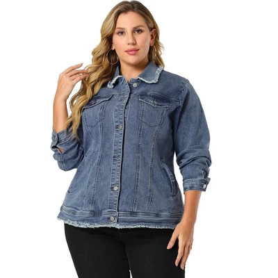 Agnes Orinda Women's Plus Size Denim Chest Pocket Frayed Washed Crop Jean Jackets 3 Agnes Orinda Women's Plus Size Denim Chest Pocket Frayed Washed Crop Jean Jackets - Image 3