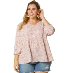 Agnes Orinda Women's Plus Size Babydoll 3/4 Sleeve Floral Flowy Blouse