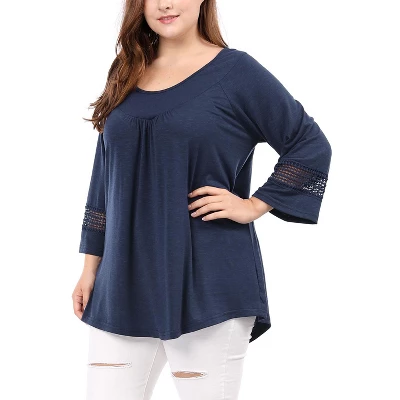 Agnes Orinda Women Plus Size Crochet Panel Raglan Sleeves Ruched Front Tops 2 Agnes Orinda Women Plus Size Crochet Panel Raglan Sleeves Ruched Front Tops - Image 2