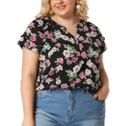 Agnes Orinda Women's Plus Size Floral Ruffle Trim V Neck Layered Sleeve Blouse -Agnes Sales Store GUEST 46bdb67c 62aa 48ab aaa6 e64393bb29b4
