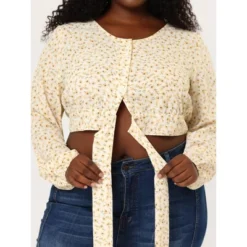 Agnes Orinda Women's Plus Size Crop Tops Floral Tie Waist Puff Sleeve Blouse -Agnes Sales Store GUEST 46e05585 71a8 40d8 9ffb bd9ce8ee9fb1