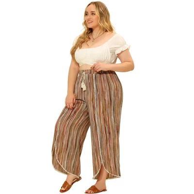 Agnes Orinda Women's Plus Size Split Elastic Waist Flowy Striped Casual Wide Leg Fashion Pants 2 Agnes Orinda Women's Plus Size Split Elastic Waist Flowy Striped Casual Wide Leg Fashion Pants - Image 2