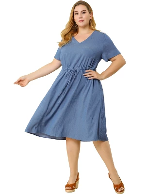 Agnes Orinda Women's Plus Size Tie Waist Short Sleeve Chambray Shirtdress 8 Agnes Orinda Women's Plus Size Tie Waist Short Sleeve Chambray Shirtdress - Image 8
