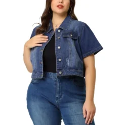 Agnes Orinda Women Plus Size Denim Jacket Crop Fray Roll Short Sleeves Jean Jackets -Agnes Sales Store GUEST 47c0e859 d122 46c7 8880 c80e0d32ed0d