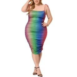 Agnes Orinda Women's Plus Size Rainbow Tie Shoulder Gathering Bodycon Midi Dress -Agnes Sales Store GUEST 47c99be5 2a6b 4510 83a5 fa654d12564e