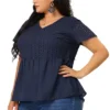 Agnes Orinda Women's Plus Size Contrast Panel V Neck Elastic Back Short Sleeve Blouses
