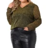 Agnes Orinda Women's Plus Size Rhinestone Glitter Sheer Long Sleeve V Neck Blouse