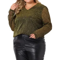 Agnes Orinda Women's Plus Size Rhinestone Glitter Sheer Long Sleeve V Neck Blouse