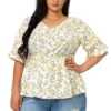 Agnes Orinda Women's Plus Size Floral Ruffle Smock Sleeve V Neck Peplum Blouses