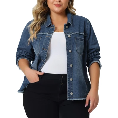 Agnes Orinda Women's Plus Size Button Up Frayed Hem Long Sleeve Casual Jean Jacket 5 Agnes Orinda Women's Plus Size Button Up Frayed Hem Long Sleeve Casual Jean Jacket - Image 5