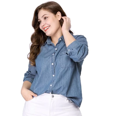 Agnes Orinda Women's Plus Size Denim Long Sleeve Chest Pocket Work Shirt 1 Agnes Orinda Women's Plus Size Denim Long Sleeve Chest Pocket Work Shirt
