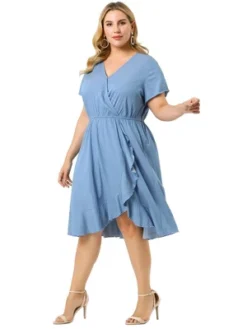 Agnes Orinda Women's Plus Size Faux Wrap Elastic Waist V Neck Chambray Ruffle Dress -Agnes Sales Store GUEST 49e136d9 033c 435a b7e8 62fe3458bbad
