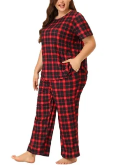 Agnes Orinda Women's Plus Size Short Sleeve Sleepwear Plaid Pajamas Sets