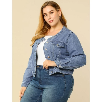Agnes Orinda Women's Plus Size Long Sleeves Button Down Crew Neck Short Denim Jacket 3 Agnes Orinda Women's Plus Size Long Sleeves Button Down Crew Neck Short Denim Jacket - Image 3