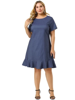 Agnes Orinda Women's Plus Size Cross Back Ruffle Hem Formal Chambray Dresses 3 Agnes Orinda Women's Plus Size Cross Back Ruffle Hem Formal Chambray Dresses - Image 3