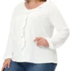 Agnes Orinda Plus Size Blouse For Women Elegant Long Sleeve Ruffle Trim V Neck Office Blouses Tops