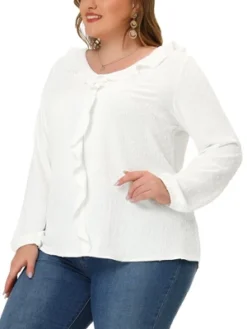 Agnes Orinda Plus Size Blouse For Women Elegant Long Sleeve Ruffle Trim V Neck Office Blouses Tops