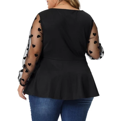 Agnes Orinda Women's Plus Size Heart Sheer Long Sleeve Mesh V Neck Peplum Blouse 3 Agnes Orinda Women's Plus Size Heart Sheer Long Sleeve Mesh V Neck Peplum Blouse - Image 3