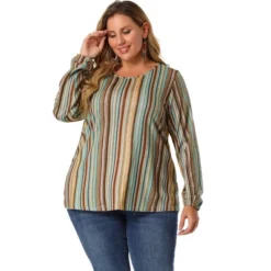 Agnes Orinda Women's Plus Size Colorful Elastic Cuff Long Sleeve Stripe Top -Agnes Sales Store GUEST 4ce48419 20a3 4c7f 9c91 ec66c0a34a3a
