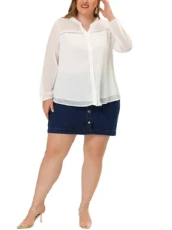 Agnes Orinda Women's Plus Size Swiss Dots V Neck Hollow Sheer Sleeves Blouses