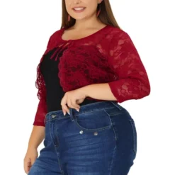 Agnes Orinda Women's Plus Size Shrug 3/4 Sleeves Lace Tie Neck Crop Bolero Cardigan -Agnes Sales Store GUEST 4d6563b5 31f2 4b29 bdd7 bc123797b8ad