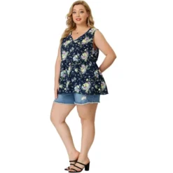 Agnes Orinda Women's Plus Size V Neck Sleeveless Flare Floral Peplum Tank Tops -Agnes Sales Store GUEST 4d7653f2 84d6 4d32 a08d c837a7418285