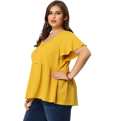 Agnes Orinda Women's Plus Size Summer Flare Sleeve Button Front Peplum Shirts 3 Agnes Orinda Women's Plus Size Summer Flare Sleeve Button Front Peplum Shirts - Image 3