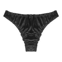 Agnes Orinda Women Plus Mid-Rise Frill Trim Elastic Waist Satin Bikini Black Thong Medium