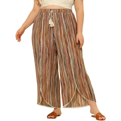 Agnes Orinda Women's Plus Size Split Elastic Waist Flowy Striped Casual Wide Leg Fashion Pants 5 Agnes Orinda Women's Plus Size Split Elastic Waist Flowy Striped Casual Wide Leg Fashion Pants - Image 5