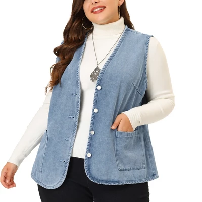Agnes Orinda Women's Plus Size Sleeveless Denim Button Down V Neck Jean Vest 5 Agnes Orinda Women's Plus Size Sleeveless Denim Button Down V Neck Jean Vest - Image 5