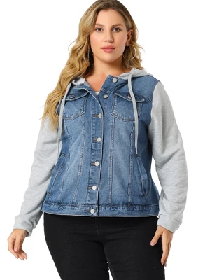 Agnes Orinda Women's Plus Size Denim Hood Drawstring Fall Winter Button Jean Jackets 3 Agnes Orinda Women's Plus Size Denim Hood Drawstring Fall Winter Button Jean Jackets - Image 3
