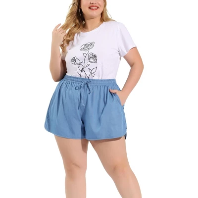 Agnes Orinda Women's Plus Size Denim Short Drawstring Elastic Waist Slant Pockets Shorts Light 6 Agnes Orinda Women's Plus Size Denim Short Drawstring Elastic Waist Slant Pockets Shorts Light - Image 6