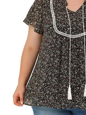 Agnes Orinda Women's Plus Size Bib Peasant Ditsy Floral Tie Neck Keyhole Chiffon Blouse 4 Agnes Orinda Women's Plus Size Bib Peasant Ditsy Floral Tie Neck Keyhole Chiffon Blouse - Image 4