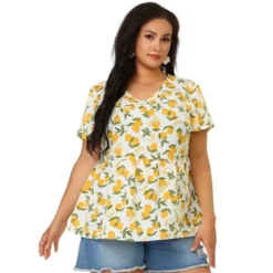 Agnes Orinda Women's Plus Size Blouse Casual V Neck Lemon Floral Peplum Top -Agnes Sales Store GUEST 50888e8c 8658 45ed 9bbe 370d675bc731