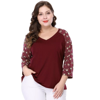 Agnes Orinda Women's Plus Size V Neck 3/4 Sleeve Raglan Floral Print Peasant Tops 9 Agnes Orinda Women's Plus Size V Neck 3/4 Sleeve Raglan Floral Print Peasant Tops - Image 9