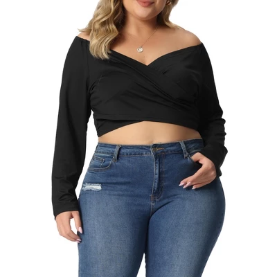 Agnes Orinda Women's Plus Size Off Shoulder Crop Cross Wrap Fashion Blouse 1 Agnes Orinda Women's Plus Size Off Shoulder Crop Cross Wrap Fashion Blouse