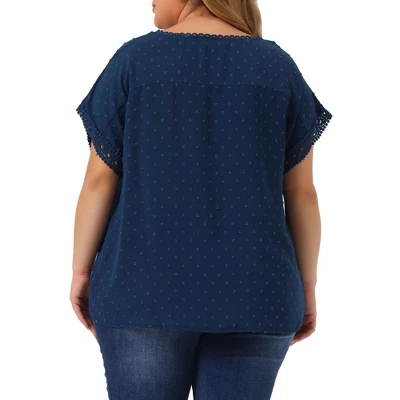 Agnes Orinda Women's Plus Size Chiffon Swiss Dots Short Sleeve Lace Crochet Pleated Casual Blouse 3 Agnes Orinda Women's Plus Size Chiffon Swiss Dots Short Sleeve Lace Crochet Pleated Casual Blouse - Image 3