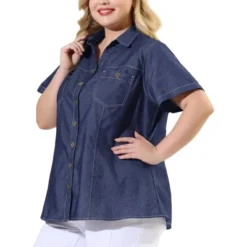 Agnes Orinda Women's Plus Size Jeans Short Sleeve Chest Pocket Button Down Denim Shirts -Agnes Sales Store GUEST 5243cce5 17a4 4296 aa42 e46d6cd7ed93