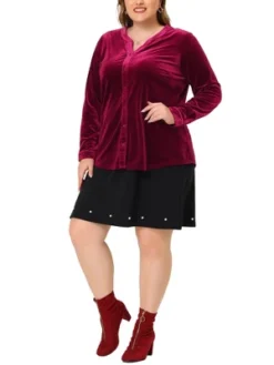 Agnes Orinda Plus Size Shirt For Women Velvet Top Long Sleeve V Neck Button Down Shirts