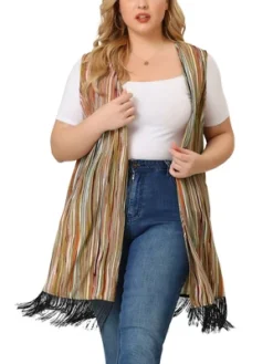 Agnes Orinda Women's Plus Size Sleeveless Striped Boho Cardigans Vest