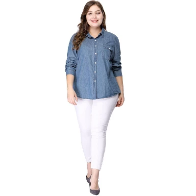 Agnes Orinda Women's Plus Size Denim Long Sleeve Chest Pocket Work Shirt 3 Agnes Orinda Women's Plus Size Denim Long Sleeve Chest Pocket Work Shirt - Image 3