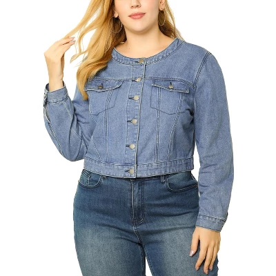 Agnes Orinda Women's Plus Size Long Sleeves Button Down Crew Neck Short Denim Jacket 2 Agnes Orinda Women's Plus Size Long Sleeves Button Down Crew Neck Short Denim Jacket - Image 2