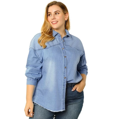 Agnes Orinda Women's Plus Size Button Down Long Sleeve Denim Shirts 6 Agnes Orinda Women's Plus Size Button Down Long Sleeve Denim Shirts - Image 6