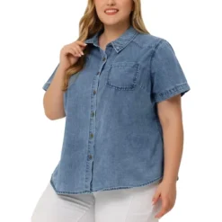 Agnes Orinda Women's Plus Size Jean Denim Short Sleeve Chest Pocket Button Down Shirt