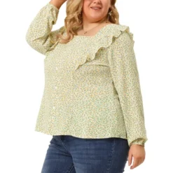 Agnes Orinda Women's Plus Size Blouses Long Sleeve Square Neck Ditsy Ruffle Floral Tops